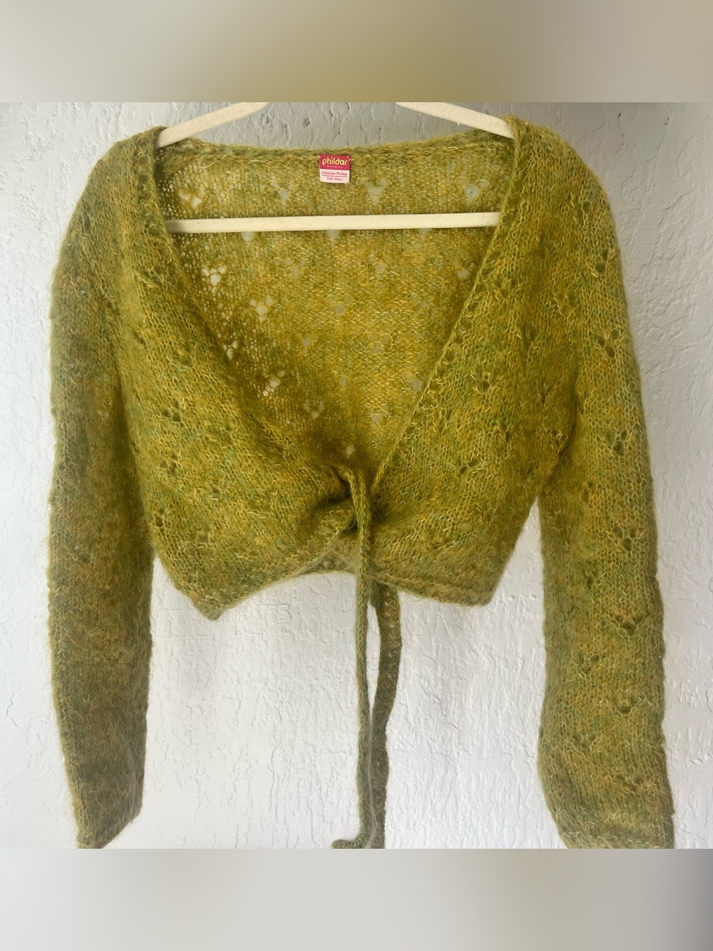 Phildar Green Kid Mohair & Wool Pointelle Cropped Ballerina Wrap Sweater